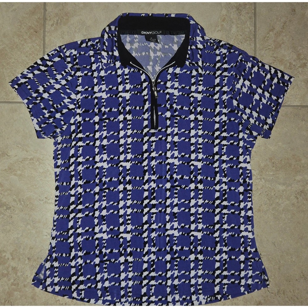 DKNY Golf Womens Blue Houndstooth Half Zip Short Sleeve Polo Shirt Medium